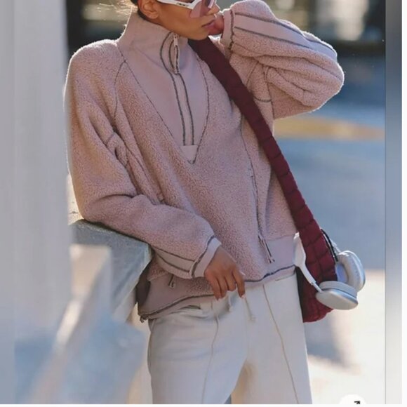 Free People NWT Fleece 1/2 Zipper Pullover Sweatshirt Color Crystal Ball size L - Picture 2 of 5